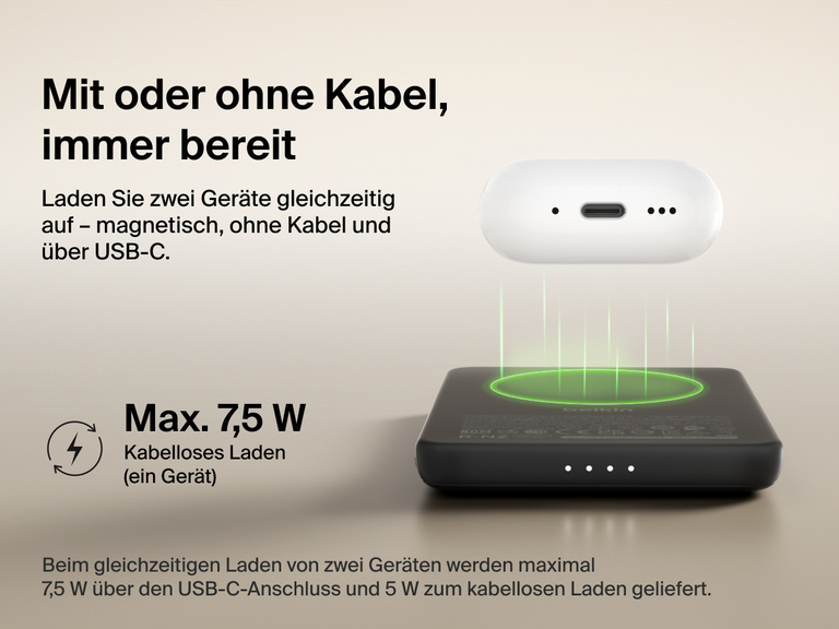 Belkin BoostCharge Slim Magnetic Power Bank 5K shown wirelessly charging earbuds, demonstrating 7.5W max magnetic wireless charging for single-device power.