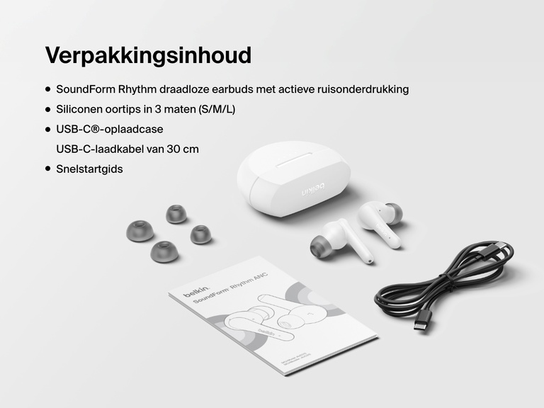 Afbeelding toont wat inbegrepen is bij de Belkin SoundForm Rhythm draadloze earbuds met actieve ruisonderdrukking, drie maten siliconen oortips, USB-C oplaadcase, USB-C laadkabel van 1,2 meter en een snelstartgids.