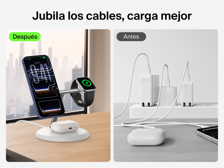Belkin UltraCharge 3-in-1 Wireless Charging Stand with Qi2 25W reducing cable clutter by charging iPhone, Apple Watch, and AirPods in a clean organized setup compared to traditional wired charging