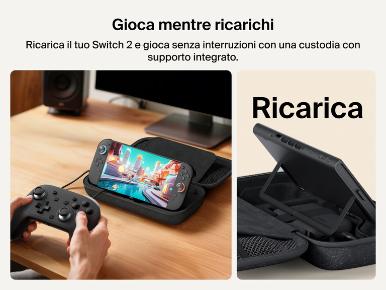 La custodia di ricarica Belkin Gaming che alimenta un Nintendo Switch 2 in uso. Si nota il supporto integrato per giocare senza tenere il dispositivo in mano e la ricarica continua con il controller collegato.