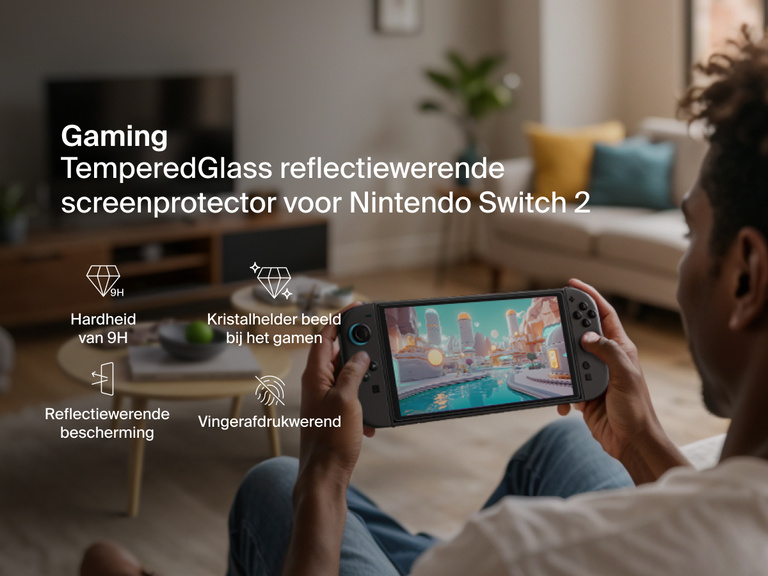 Iemand zit op een bank in een gezellige woonkamer en speelt een game op een Nintendo Switch 2, waarop een levendige en kleurrijke scène uit een game te zien is. In de tekst links staan pluspunten van een Belkin Gaming TemperedGlass reflectiewerende screenprotector voor het apparaat, zoals een hardheid van 9H, kristalhelder beeld bij het gamen, reflectiewerende bescherming en vingerafdrukbestendigheid.