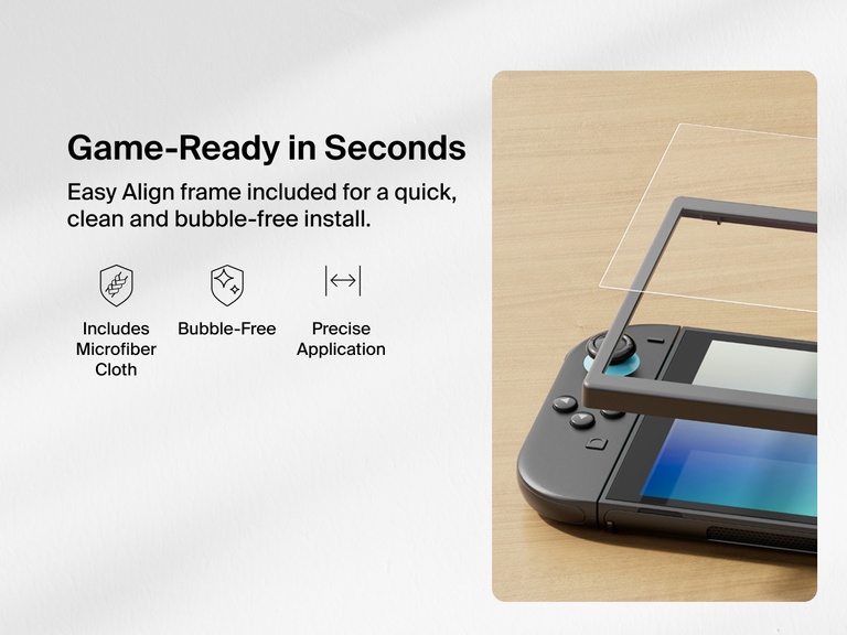 Instructional image showing the installation process for a Belkin screen protector on a Nintendo Switch 2. The right side displays an Easy Align frame being placed over the console for precise application. On the left, text reads "Game-Ready in Seconds" and explains the frame enables a quick, clean, and bubble-free install. Icons below highlight that the kit includes a microfiber cloth, ensures a bubble-free finish, and provides precise application.