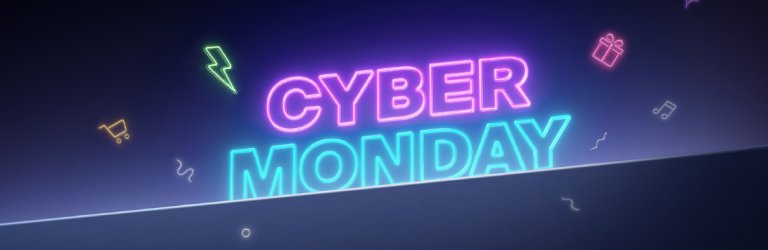 Belkin Cyber Monday promo banner featuring a neon Cyber Monday sign surrounded by small holiday-themed icons.