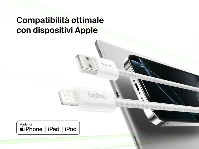 Cavo USB-A con connettore Lightning Belkin BoostCharge mostrato insieme a dispositivi Apple per enfatizzarne la compatibilità ottimale con iPhone, iPad e iPod per la ricarica e il trasferimento dei dati in modo affidabile.