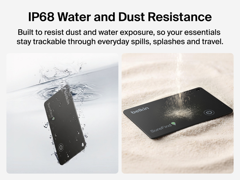 Belkin SureFind Card demonstrates IP68 water and dust resistance with the Bluetooth tracker shown exposed to water and dust.