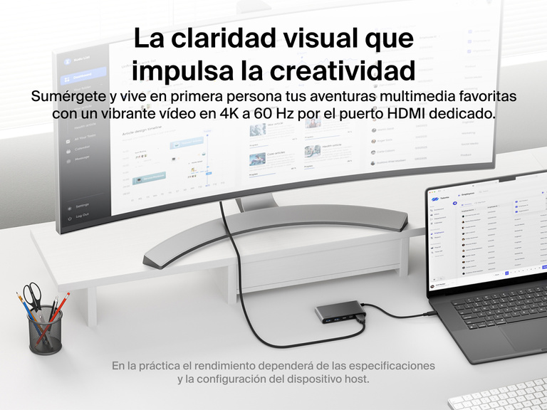 Belkin Connect 5-Port USB-C Hub with Dual USB-C Ports connects a laptop to a monitor, delivering stunning 4K@60Hz visuals via the dedicated HDMI port.