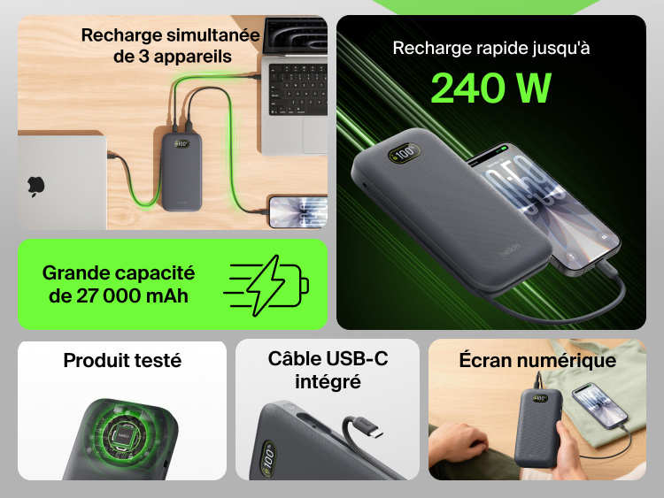 UltraCharge Pro Laptop Power Bank 27K charging three devices with integrated USB-C cable, digital display, and high-capacity fast charging up to 240W