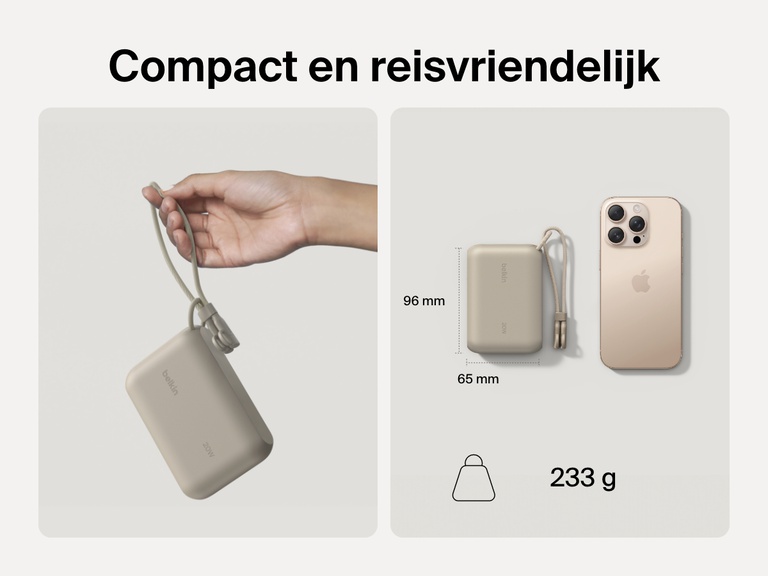 De Belkin BoostCharge 10.000mAh-powerbank met display is afgebeeld in een hand en naast een smartphone, om de compacte, reisvriendelijke vormgeving met afmetingen van 96 x 65 mm en een gewicht van slechts 233 g te benadrukken.