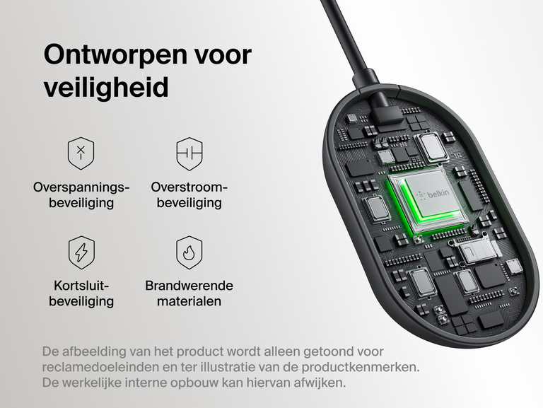 Gesimuleerde weergave van de binnenkant van de Belkin ConnectAir draadloze HDMI-adapter waarmee de ingebouwde veiligheidsfuncties ge&iuml;llustreerd worden waaronder overspanningsbeveiliging, overstroombeveiliging, kortsluitbeveiliging en de brandwerende materialen.