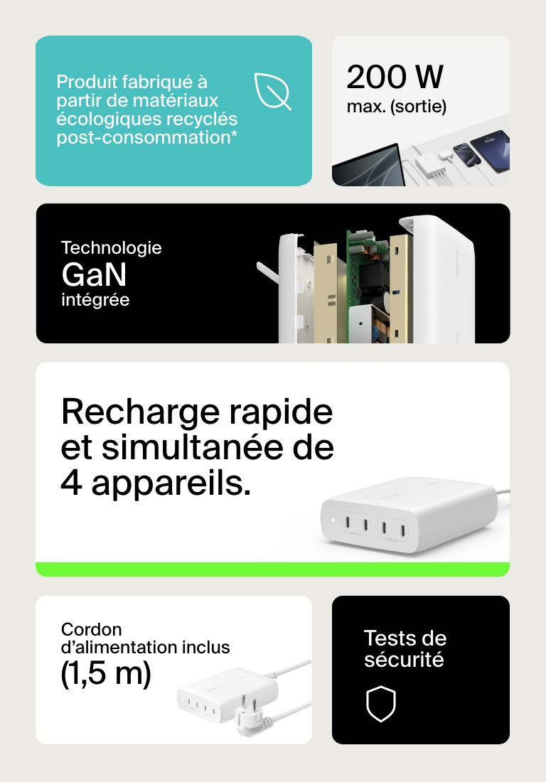 Recharge rapide et simultanée de 4 appareils.