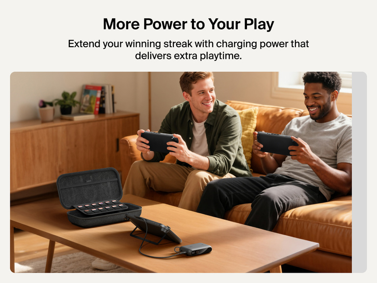 Two men gaming on Nintendo Switch 2 consoles while the Belkin Gaming Charging Case powers a device on the coffee table, showcasing extended playtime with built-in game card storage and charging.