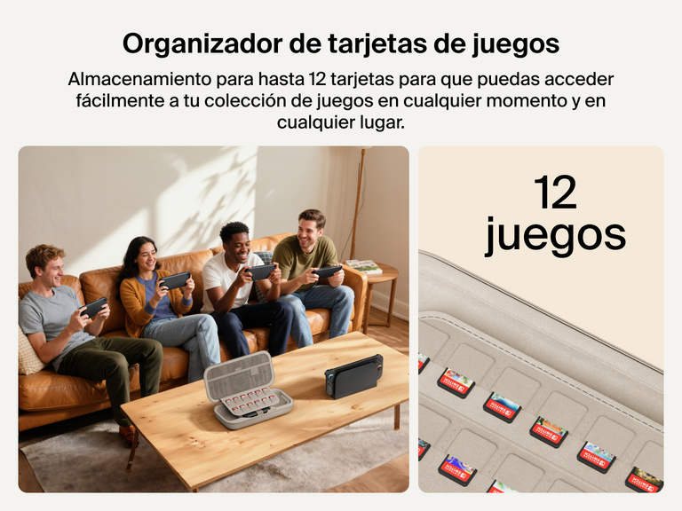 Four friends play on Nintendo Switch 2 consoles while the Belkin Gaming Charging Case sits open on the table, highlighting its built-in sleeve that securely stores up to 12 game cards.