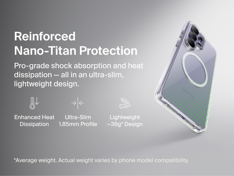 Belkin SheerForce Clear Series Case for Samsung Galaxy S26 shown in close-up, highlighting reinforced Nano-Titan protection with shock absorption, heat dissipation, ultra-slim 1.85 mm profile, and lightweight protective design.