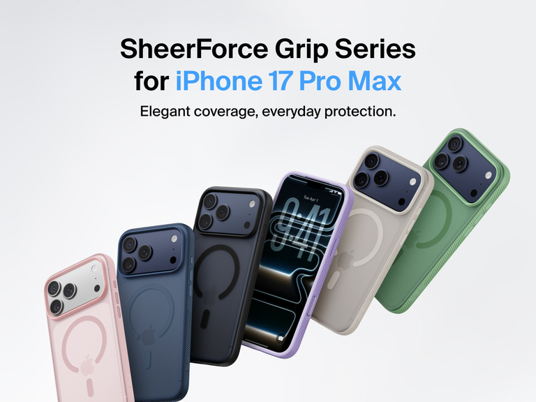 Belkin SheerForce Grip Series protective case for iPhone 17 shown in pink, clear, and black with slim design and MagSafe compatibility.