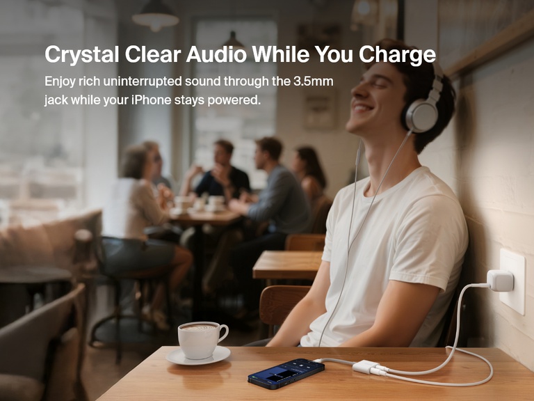 Man enjoying music with wired headphones while charging his iPhone using the Belkin 3.5mm Audio + Charge RockStar™ adapter in a café setting, highlighting simultaneous audio playback and power delivery.