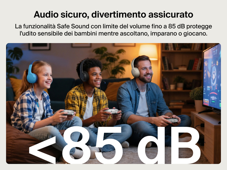 Bambini che indossano le cuffie con filo e microfono Inspire per Nintendo Switch 2 Belkin Gaming, mentre giocano insieme, con un testo che evidenzia l'audio sicuro con limite del volume di 85 dB per proteggere il loro udito sensibile.