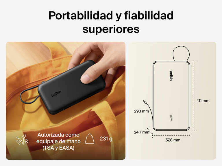 Belkin UltraCharge 10K power bank with integrated USB-C cable and digital display shown as a lightweight, TSA carry-on approved portable charger for everyday travel