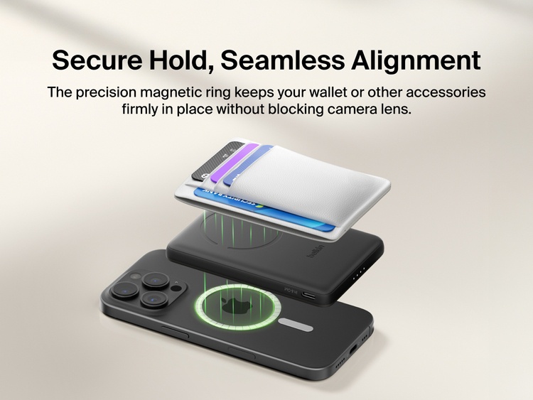 Belkin BoostCharge Slim Magnetic Power Bank 5K shown magnetically aligned between a smartphone and wallet accessory, demonstrating precise magnetic ring for secure attachment and camera-safe design.