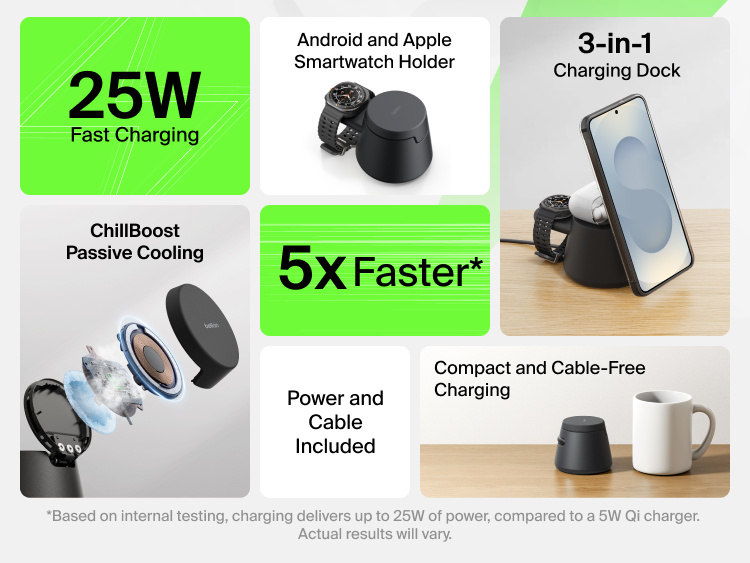 Belkin UltraCharge Modular Charging Dock with Qi2 25W featuring a 3-in-1 modular design, fast wireless charging up to 25W, smartwatch holder compatibility, passive cooling, and compact cable-free charging for everyday devices.