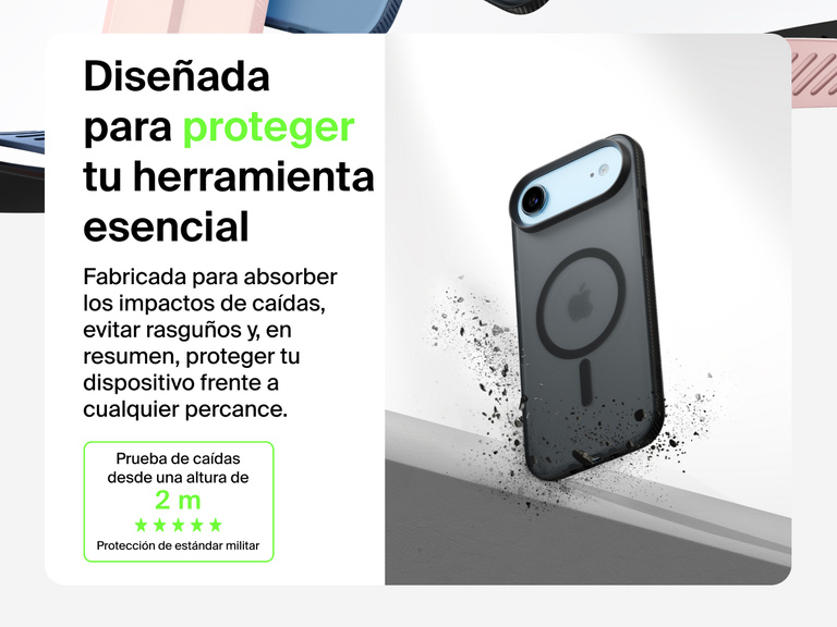 Belkin SheerForce Grip Series Case for iPhone 17 shown with textured grip and impact protection against drops.