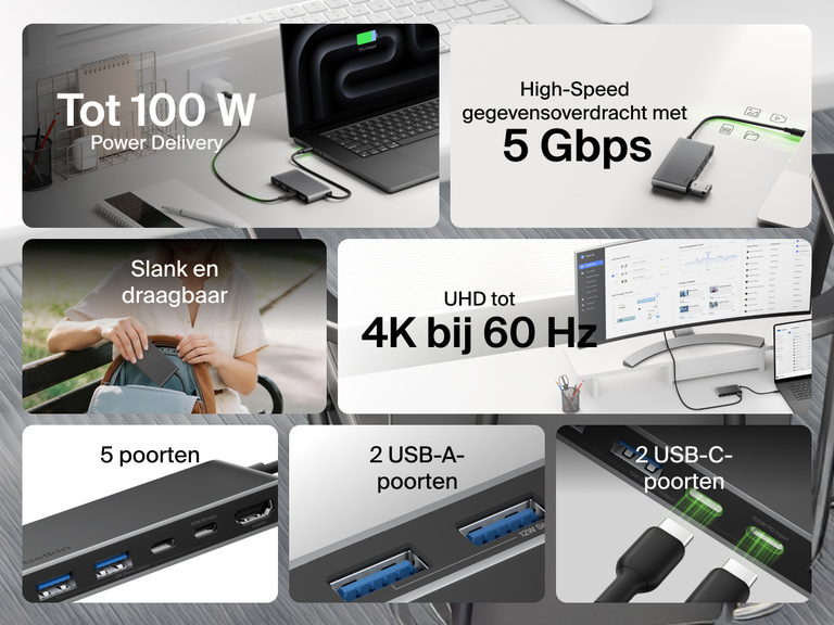 Belkin Connect 5-Port USB-C Hub with Dual USB-C Ports featuring 4K@60Hz display, 100W power delivery, 5Gbps data transfer, 2 USB-C and 2 USB-A ports, in a slim and portable design.