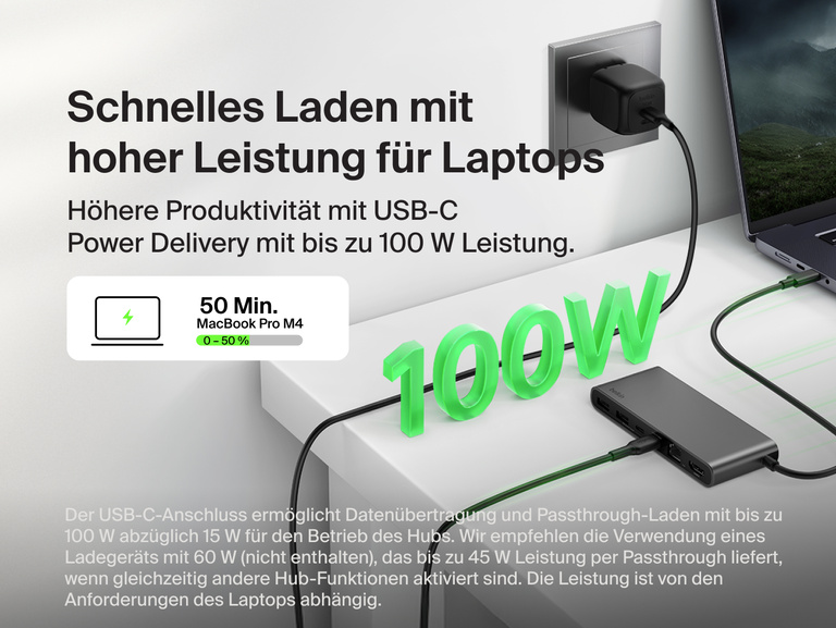 Belkin Connect 8-Port USB-C-Hub mit 2,5 Gb Ethernet Anschluss, der mit einem Laptop und einem Ladegerät verbunden ist, wodurch USB-C Power Delivery mit bis zu 100 W zum schnellen, effizienten Laden des Laptops veranschaulicht wird.