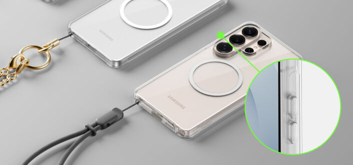 Clear smartphone case hovering above a phone, with glowing lines radiating between them to suggest shock absorption and device protection.