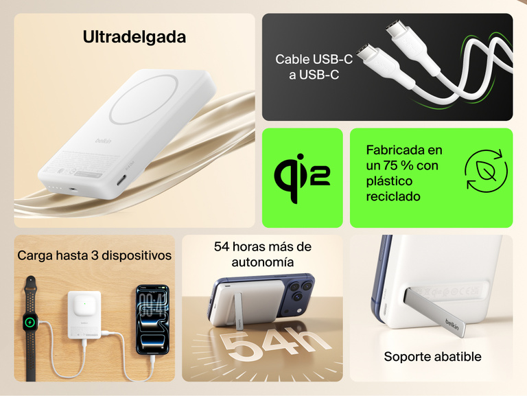 Slim Magnetic Power Bank 10K with Qi2 highlighting slim profile, kickstand support, multi-device charging, and included USB-C cable