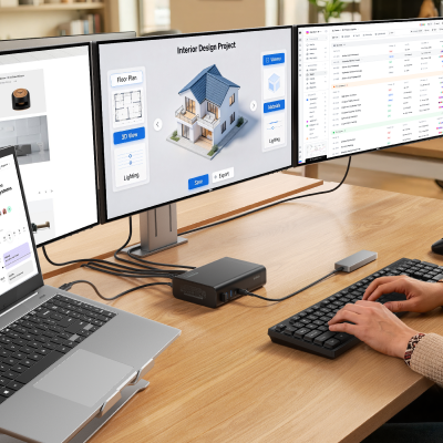 Belkin Universal 16-Port Triple Display USB-C Dock connected to a laptop and three monitors, creating a high-productivity workstation for multitasking, design, and business applications.