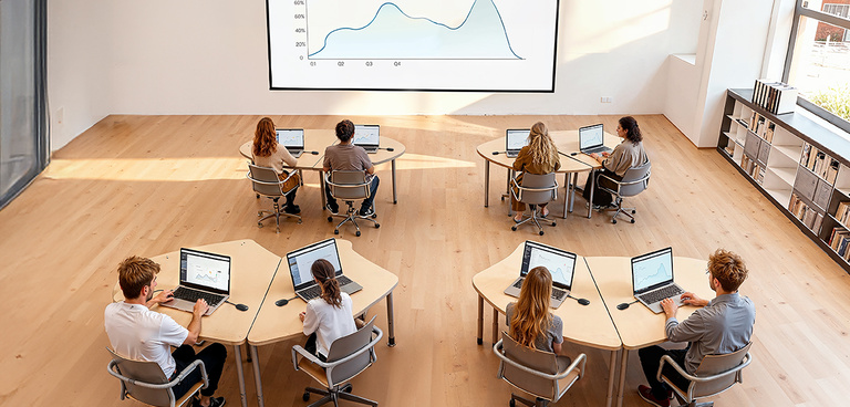 Students or professionals sit in small groups at modern desks in a spacious classroom, each working on a laptop. A large projector screen at the front displays a line graph. The room has bright natural light, wooden floors, and shelves along the side wall.