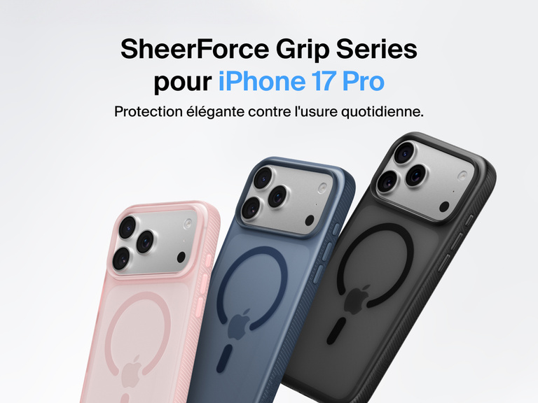 Belkin SheerForce Grip Series protective case for iPhone 17 shown in pink, clear, and black with slim design and MagSafe compatibility.
