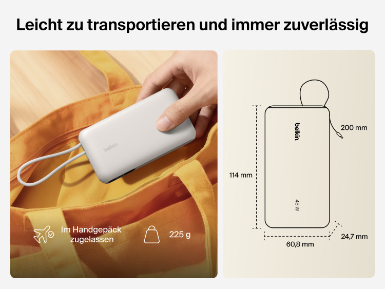 Belkin UltraCharge 10K power bank with integrated USB-C cable and digital display shown as a lightweight, TSA carry-on approved portable charger for everyday travel
