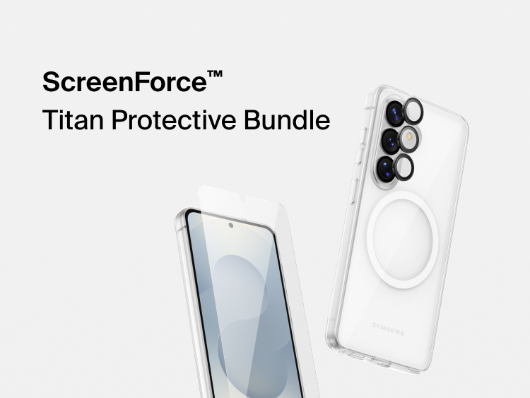 Belkin SheerForce Titan Protective Bundle for Samsung Galaxy S26 featuring tempered glass screen protector, camera lens protectors, and clear MagSafe-compatible case for full-device impact and scratch protection.