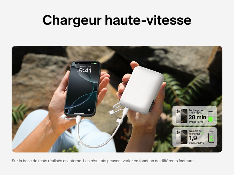Image d'une batterie externe 10K Belkin BoostCharge avec écran intégré offrant jusqu'à 1,9 recharges complètes et une recharge rapide de 20 W à un iPhone 16 Pro dont la batterie passe de zéro à 50 % en 28 minutes.