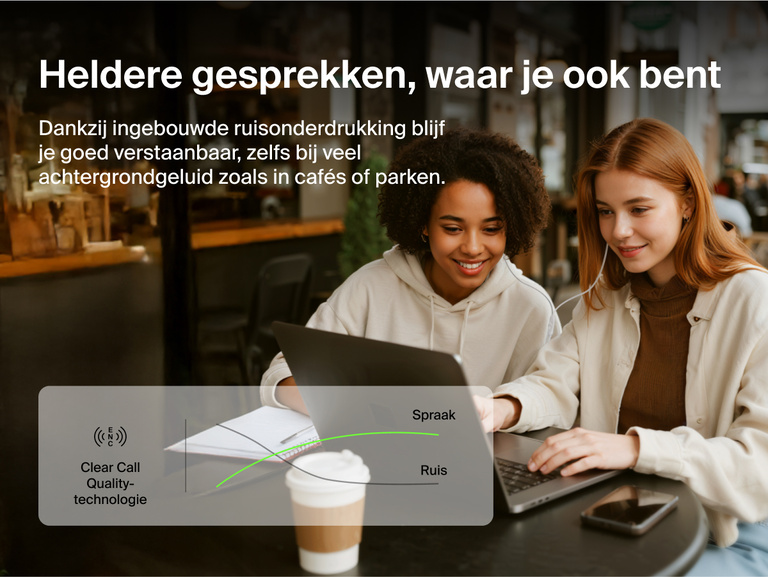 Belkin SoundForm ANC Wired Earbuds with USB-C® feature built-in noise reduction for clear call quality in busy environments like cafes or parks.