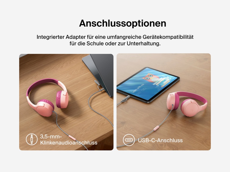 Side-by-side images showing Belkin Wired On-Ear Headphones for Kids connected to a laptop via 3.5mm audio jack and to a tablet via USB-C, demonstrating broad device compatibility.