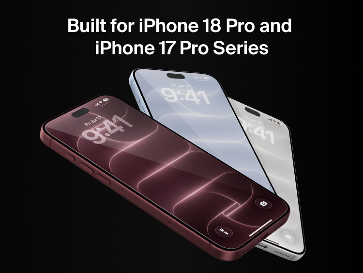 Belkin Titan SmartShield Pro Blue-to-Red Screen Protector shown on smartphones with compatibility for iPhone 18 Pro and iPhone 17 Pro series.