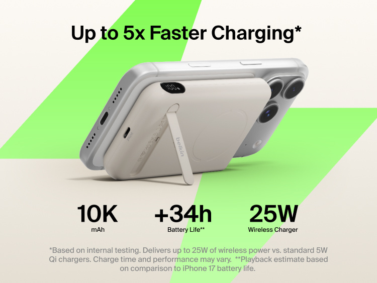 Belkin UltraCharge Pro Power Bank 10K with magnetic ring attached to a smartphone, highlighting up to 25W wireless fast charging, 10,000 mAh capacity, extended battery life, and built-in kickstand for hands-free use.