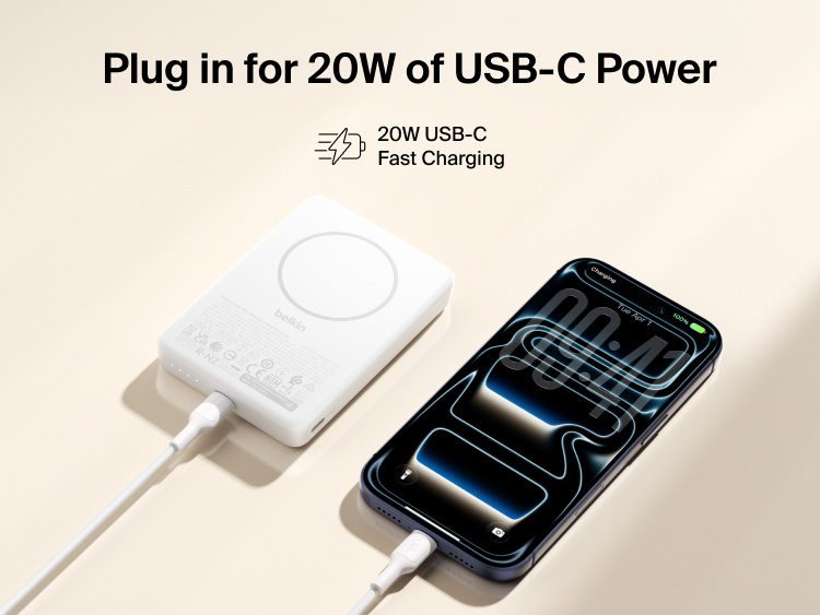 Belkin BoostCharge Slim 磁吸式行動電源 10K，採用隨身式電池設計，可透過充電線為智慧型手機提供 20W USB-C 快速充電