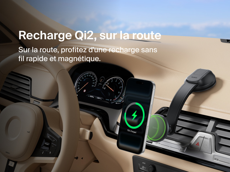 Belkin BoostCharge Magnetic Wireless Charging Car Vent and Dash Mount shown charging an iPhone with Qi2 fast wireless power while driving, highlighting quick 0&ndash;50% charge times.