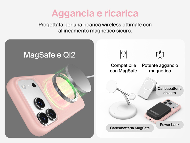Custodia Belkin SheerForce Protect Series per iPhone 17 con bordi rialzati per la protezione dello schermo e della fotocamera, e design appositamente pensato per garantire una ricarica wireless magnetica ottimale.