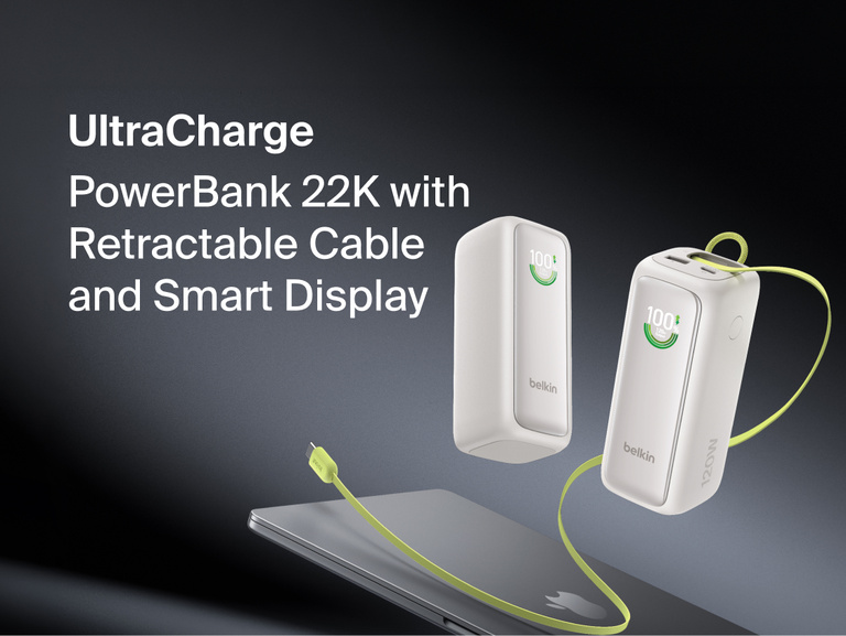 UltraCharge Power Bank 22K with Retractable Cable shown from two angles with battery displays reading 100 percent and its built-in retractable USB-C cable extended
