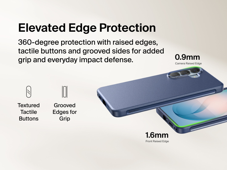 Belkin SheerForce Protect Series Case for Samsung Galaxy S26 featuring elevated edge protection with raised camera and screen edges, tactile buttons, and grooved sides for enhanced grip and everyday impact defense.