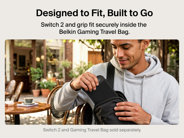 Belkin Gaming Grip for Nintendo Switch 2 fits securely inside the Belkin Gaming Travel Bag for portable storage and travel-ready protection.