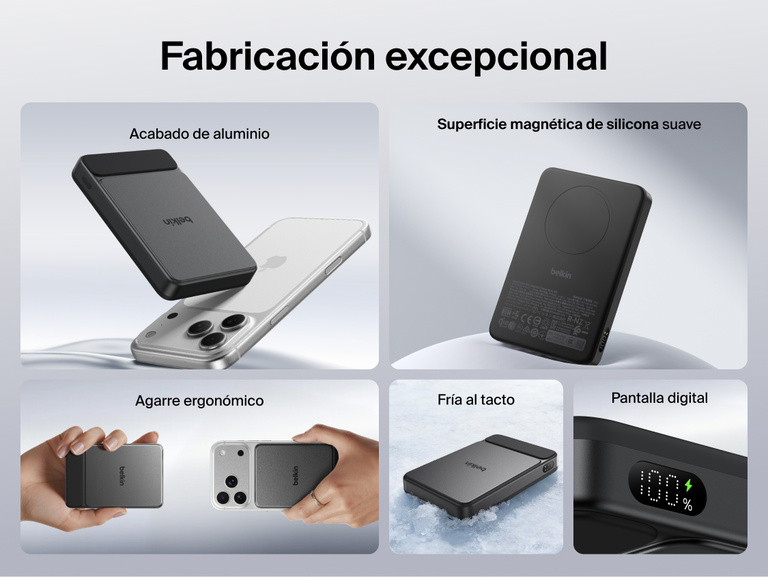 Belkin UltraCharge Slim Magnetic Power Bank 10K demonstrating 25W fast magnetic wireless charging with up to 2x faster performance and rapid iPhone charging times displayed