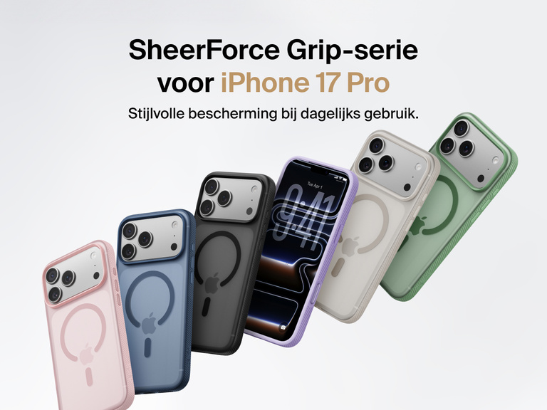 Belkin SheerForce Grip Series protective case for iPhone 17 shown in pink, clear, and black with slim design and MagSafe compatibility.