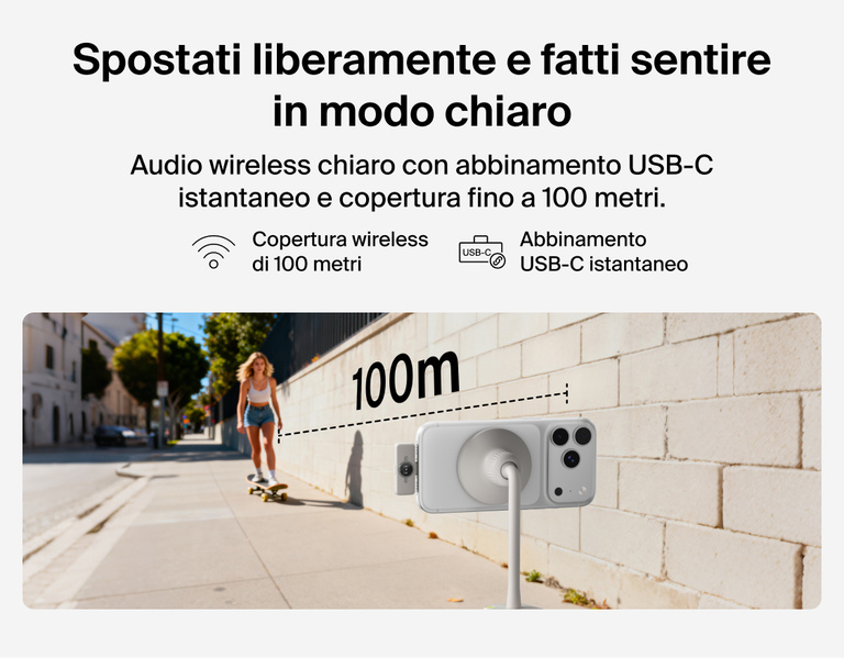 Image showing Belkin Stage Creator Kit capturing clear wireless audio with instant USB-C pairing and up to 100-meter range, demonstrated by a skateboarder recording outdoors.