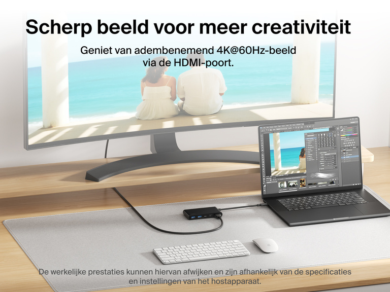 Belkin Connect 5-Port USB-C Hub with Dual USB-C Ports connects a laptop to a monitor, delivering stunning 4K@60Hz visuals via the dedicated HDMI port.