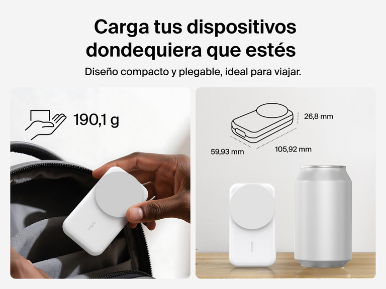 El cargador magnético plegable 3 en 1 con Qi2 25W Belkin UltraCharge posee un diseño compacto y portátil, perfecto para viajar. Pesa tan solo 190 gramos y sus dimensiones lo convierten en una solución increíblemente compacto.