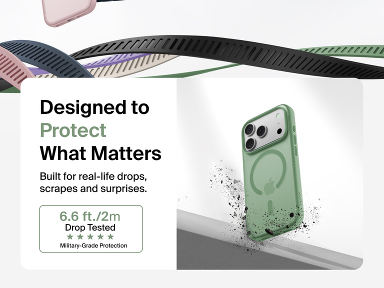 Belkin SheerForce Grip Series Case for iPhone 17 shown with textured grip and impact protection against drops.